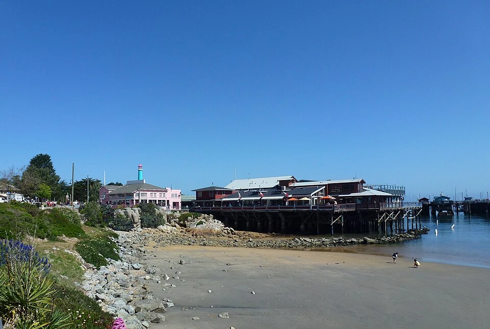 Monterey waterfront buildings and Fisherman's Wharf beside the bay